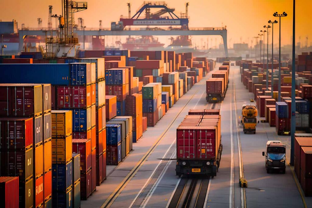 Container truck in ship port for business Logistics and transpor